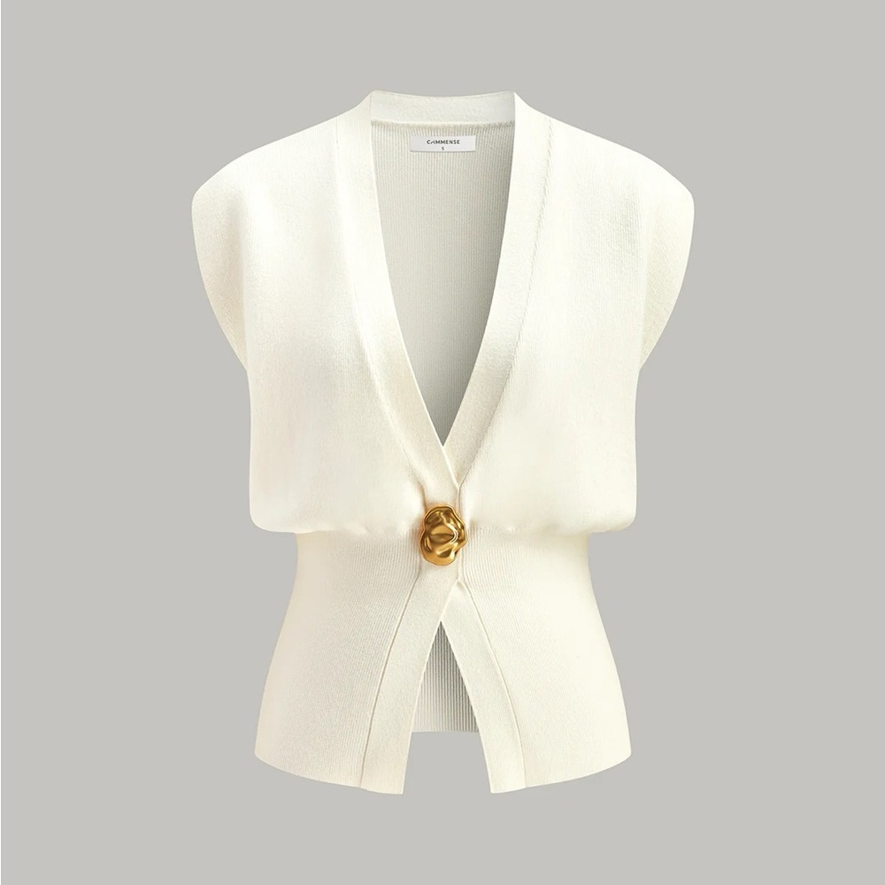 Commense White V-Neck Sweater Vest Button Detail- NWT